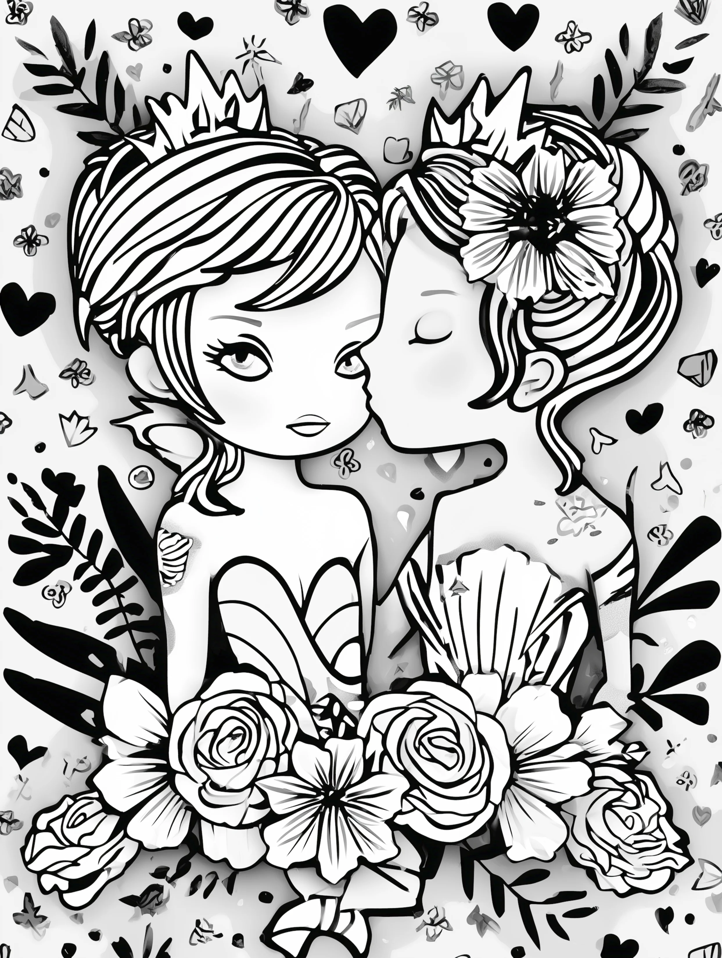 Free printable valentines coloring pages for adults featuring mermaid kiss on the cheek